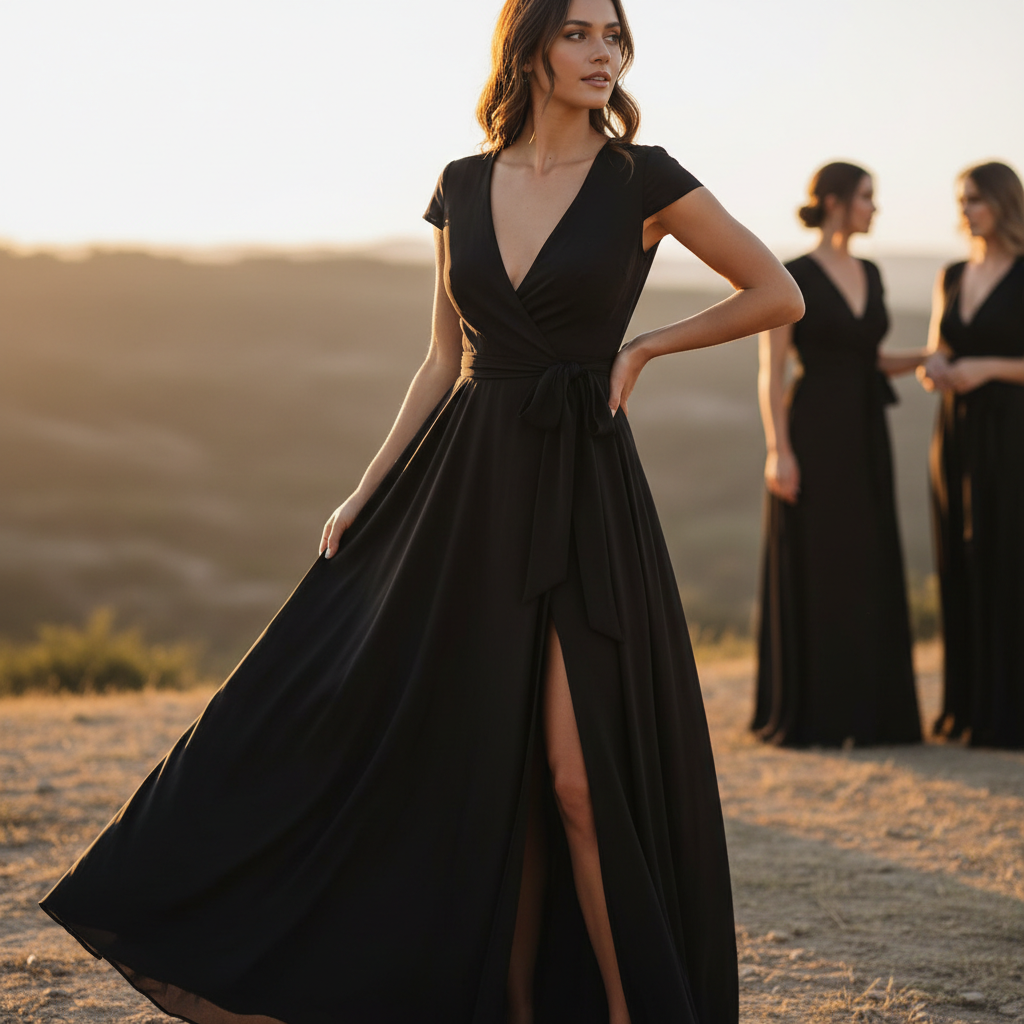 Black wrap silhouette bridesmaid dress with deep V neckline and adjustable tie waist