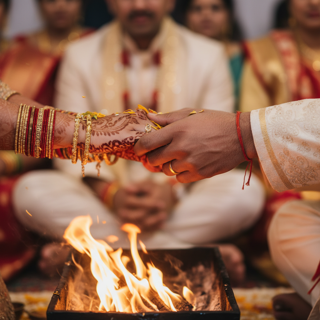 Hindu wedding ceremony with bride and groom performing saptapadi around sacred fire