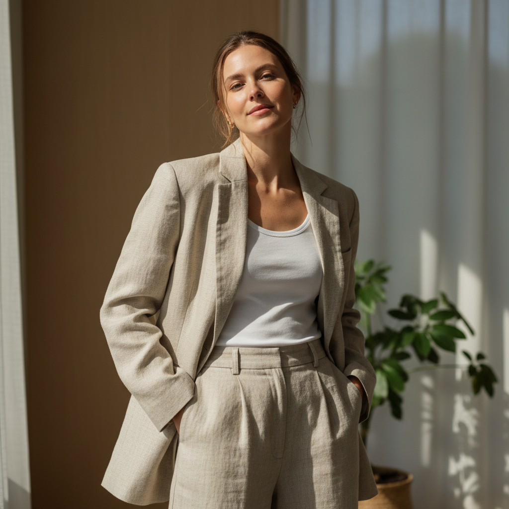 Woman in oversized blazer, editorial fashion photography, sophisticated luxury style