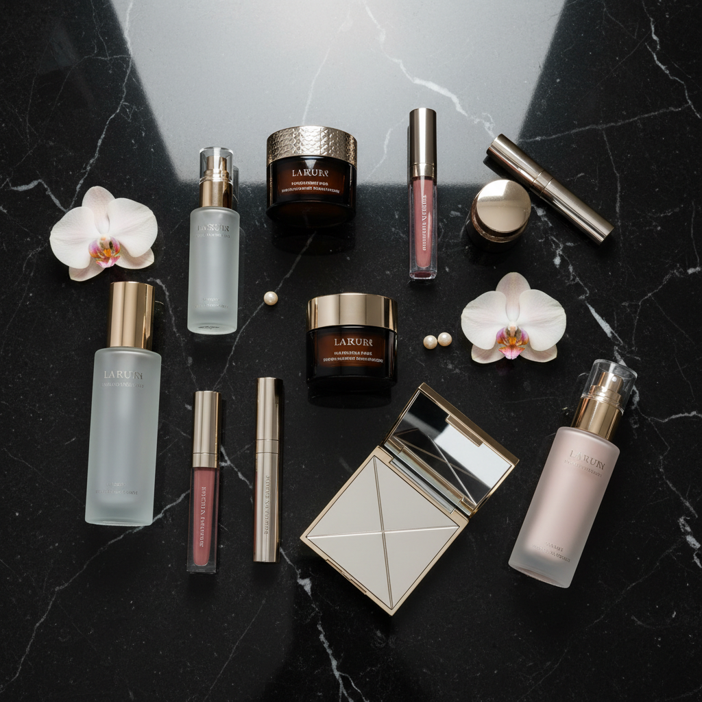 Luxury beauty products group haul photographed from above