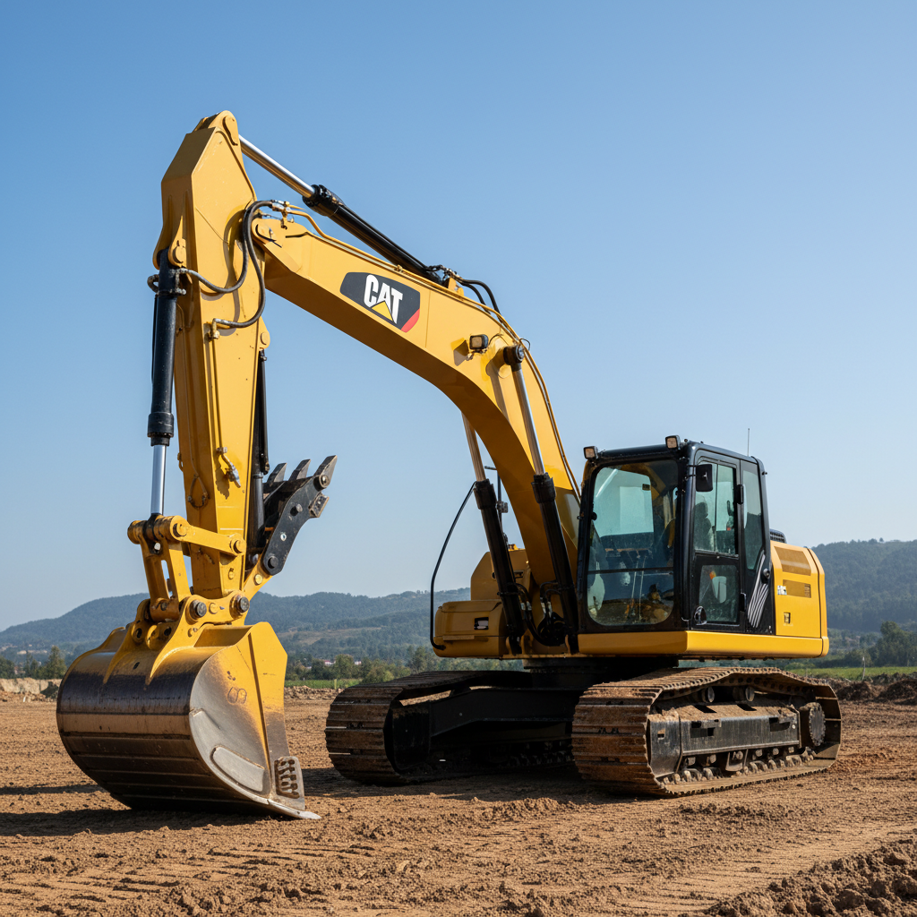 Medium yellow excavator arm extended on open construction site, earthmoving operation