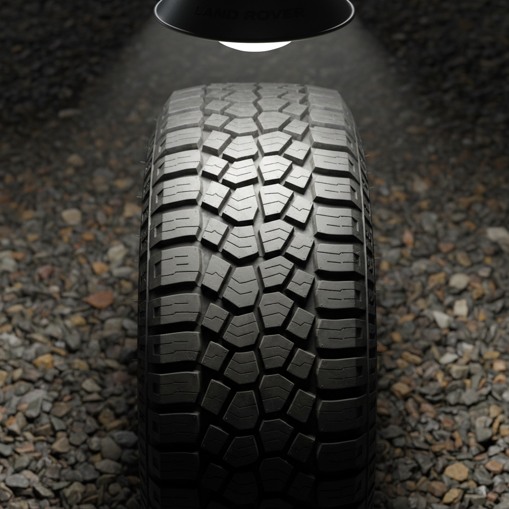Tightly cropped Land Rover Defender mud-terrain tyre biting gravel track, chunky tread pattern catching directional light from workshop lamp above
