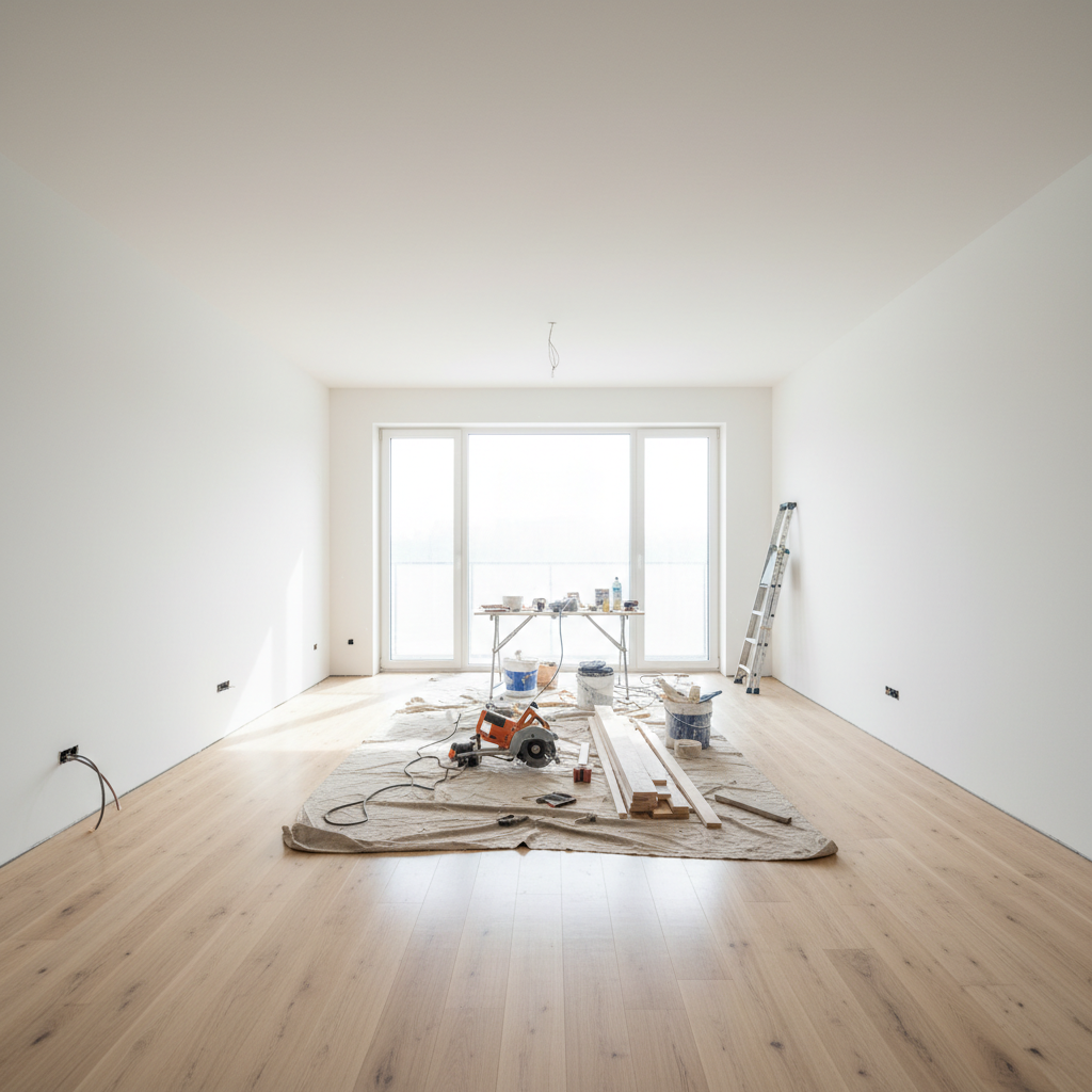 Interior renovation project with fresh white walls, modern living room transformation
