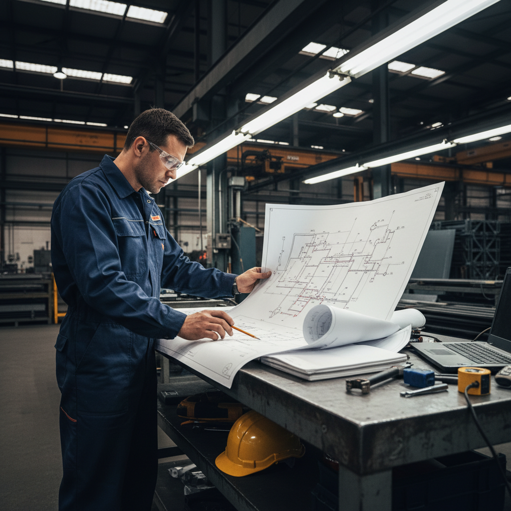 Fabrication engineer reviewing technical drawings on a workshop table, industrial lighting, steel components nearby