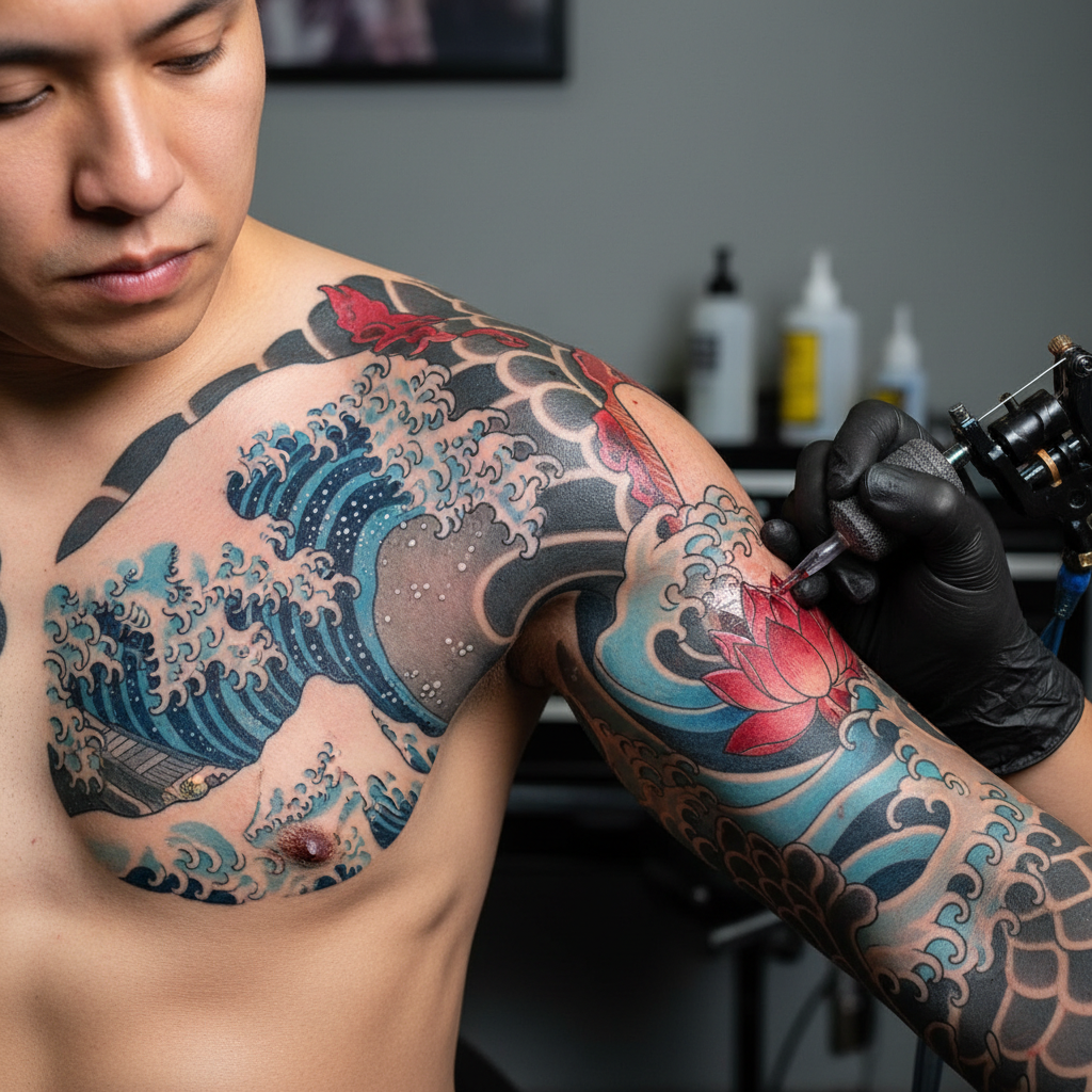 Japanese sleeve tattoo in progress showing traditional wave motif detail