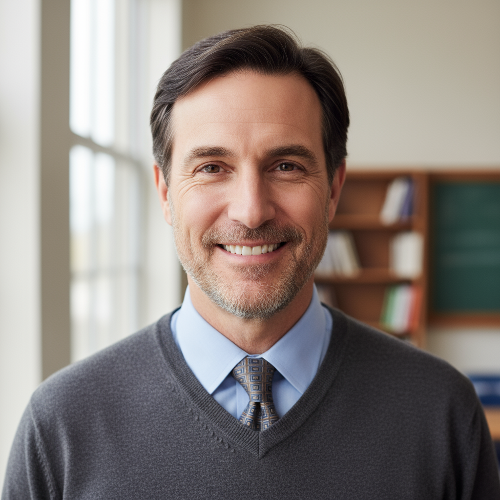 Middle-aged male teacher in professional attire with pleasant expression