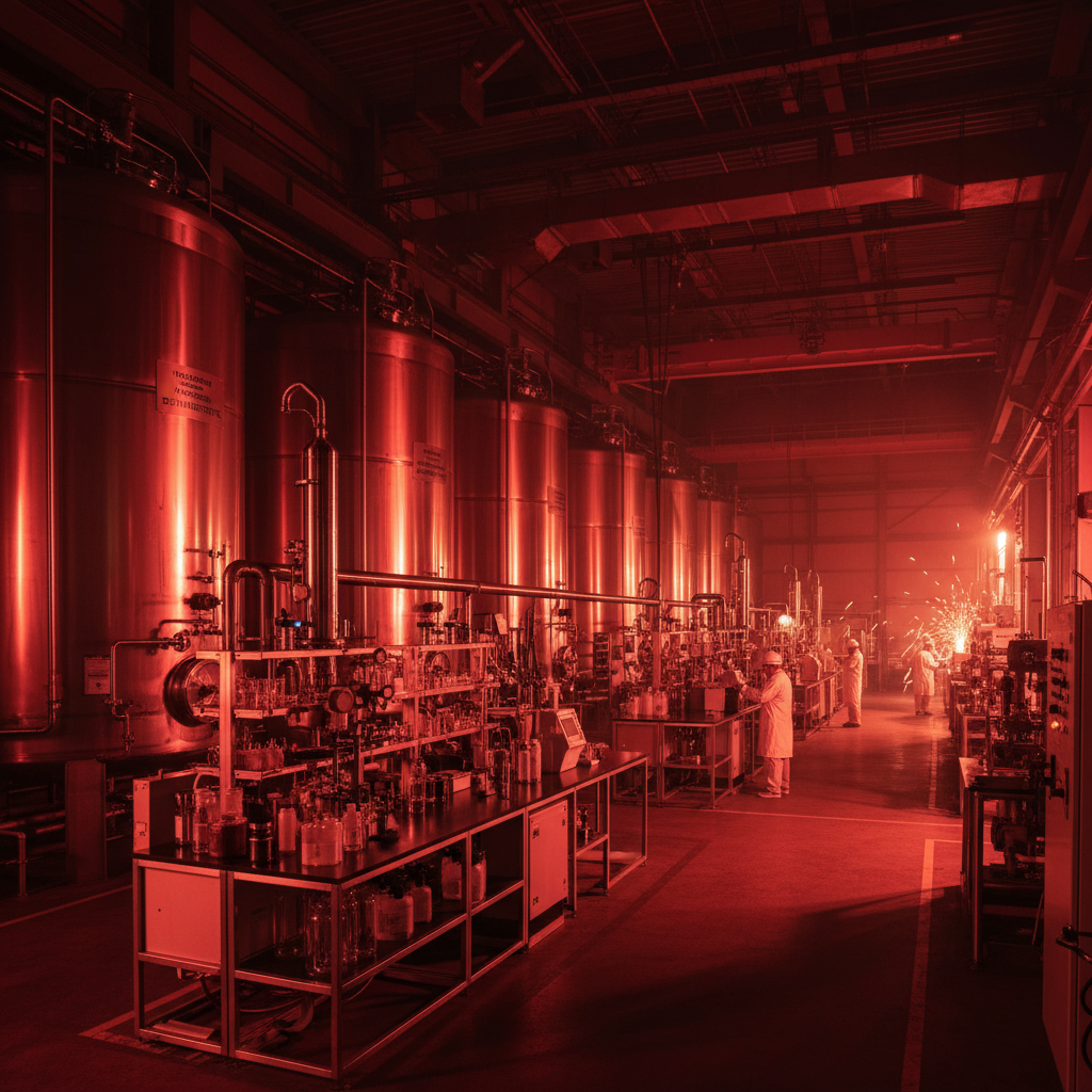 Chemical manufacturing facility interior with industrial equipment, dim atmospheric lighting, dark steel walls and tanks, low-key industrial environment