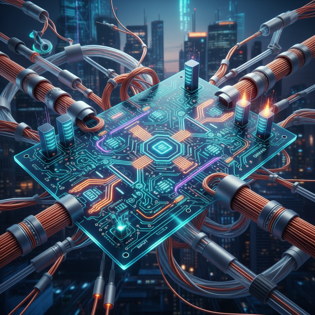 Neon cyberpunk cityscape with purple and cyan glowing circuit board patterns on dark background