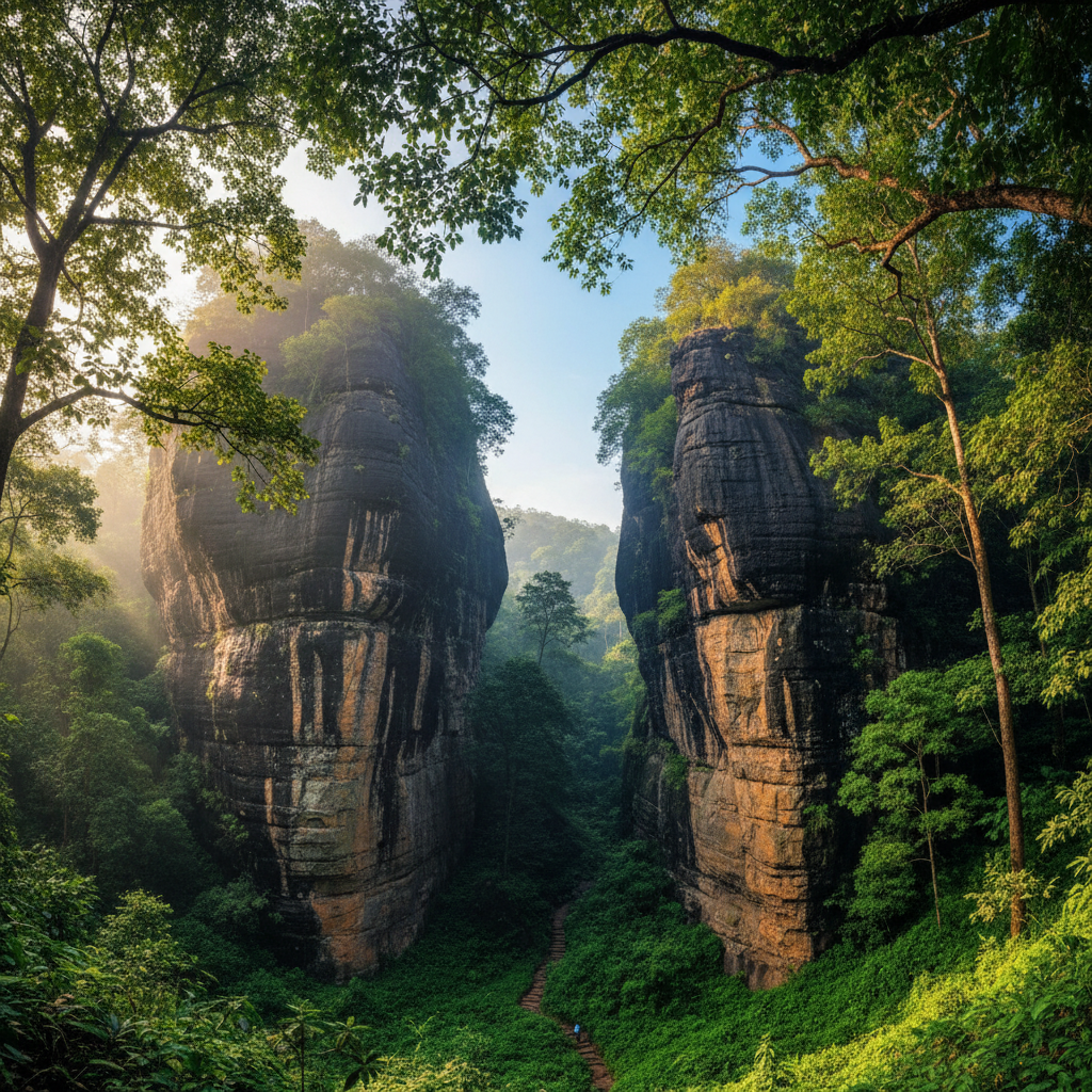 Yana Caves Karnataka black limestone rock formations rising from dense green forest