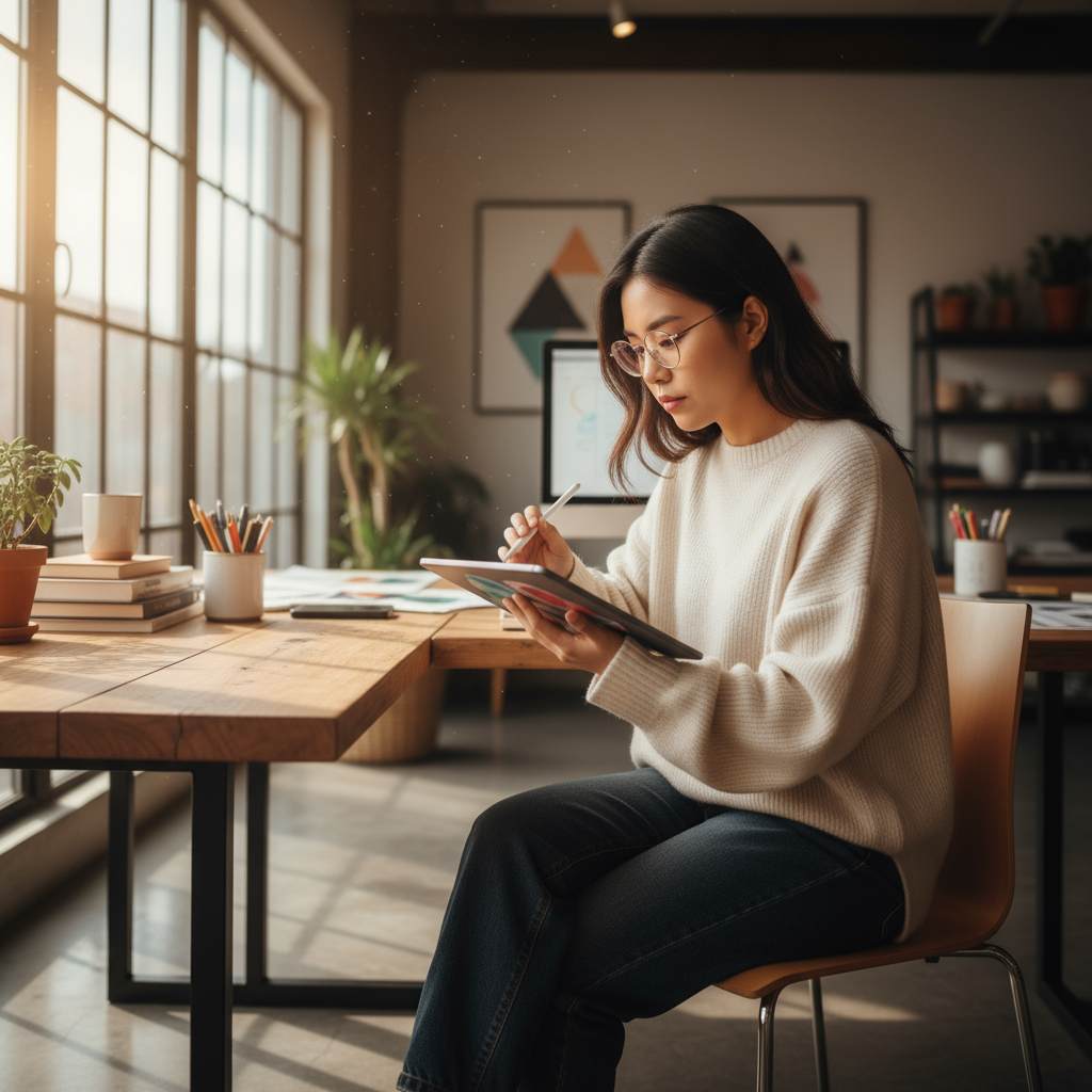 Professional woman with glasses working at design desk in bright creative studio
