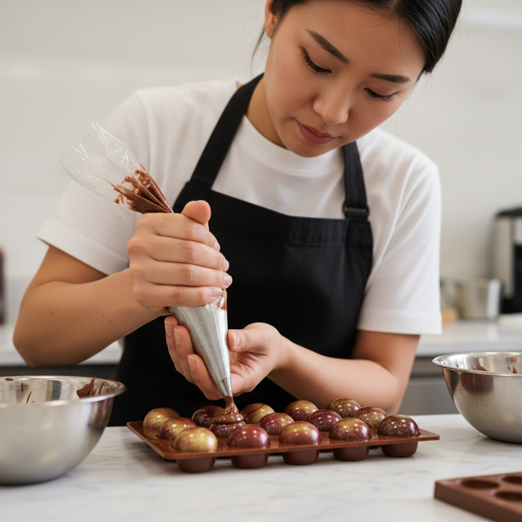 Chocolatier Isabelle Moreau working with molten chocolate in the ChocoLuxe atelier, warm candlelit workshop