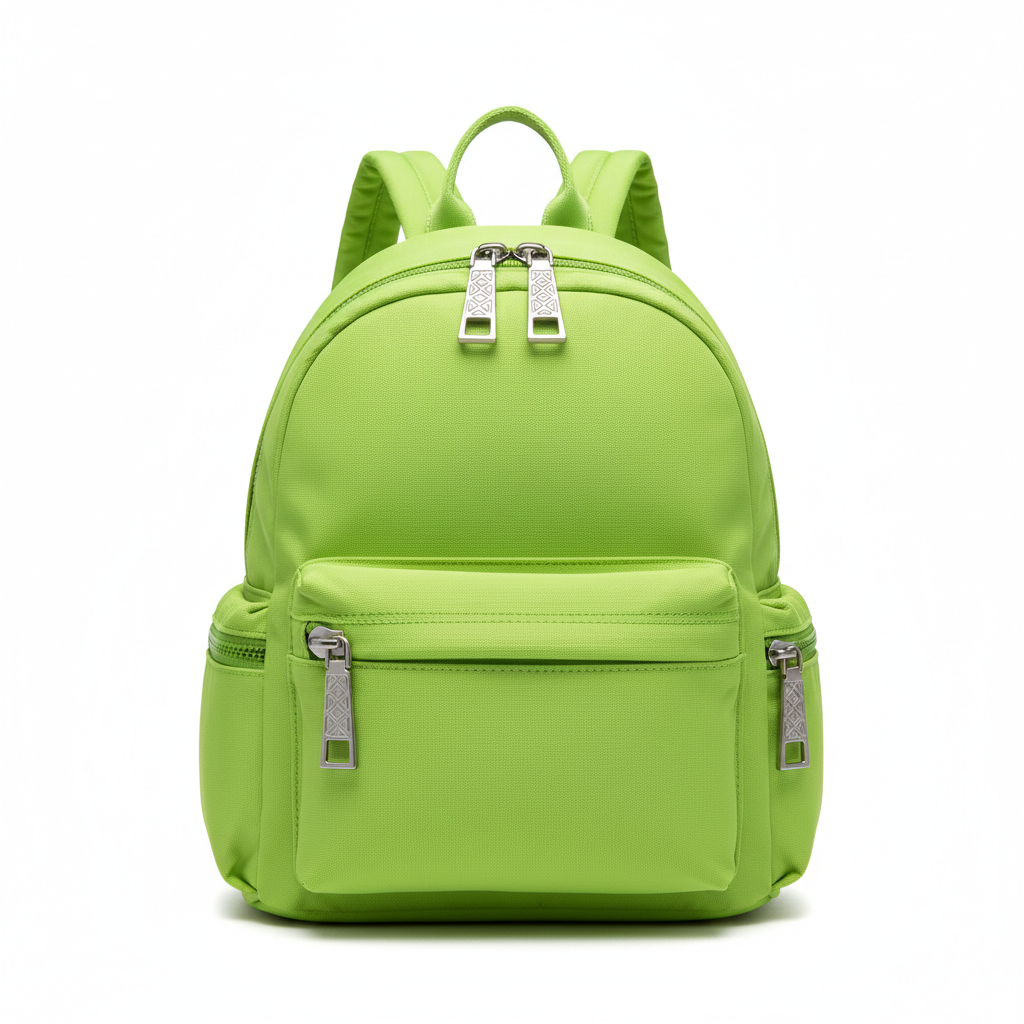 Pack Mini backpack isolated on pure white background showing electric lime colorway and all hardware details