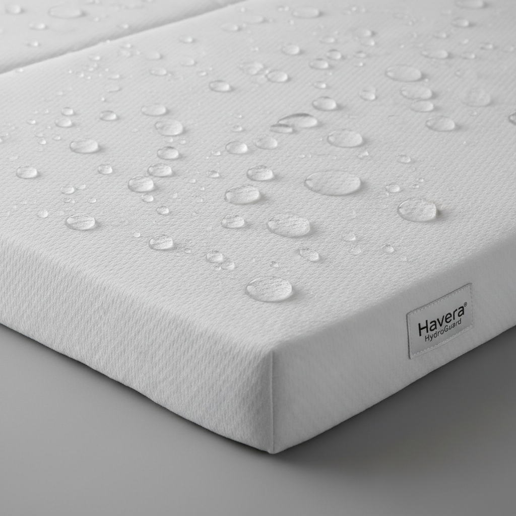 Water droplets beading on Havera waterproof mattress protector surface demonstrating HydroGuard technology