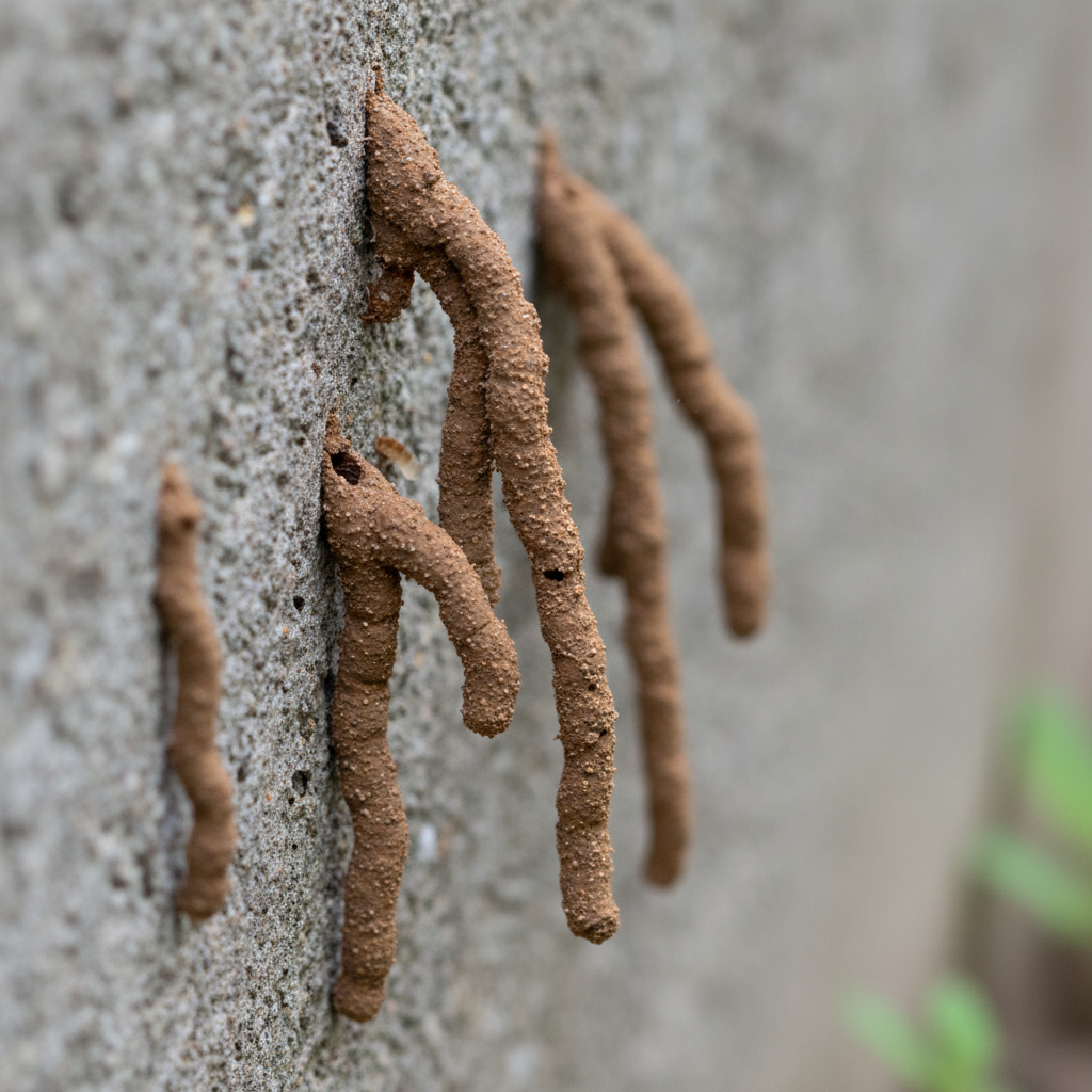 Mud tubes on foundation wall indicating active termite infestation