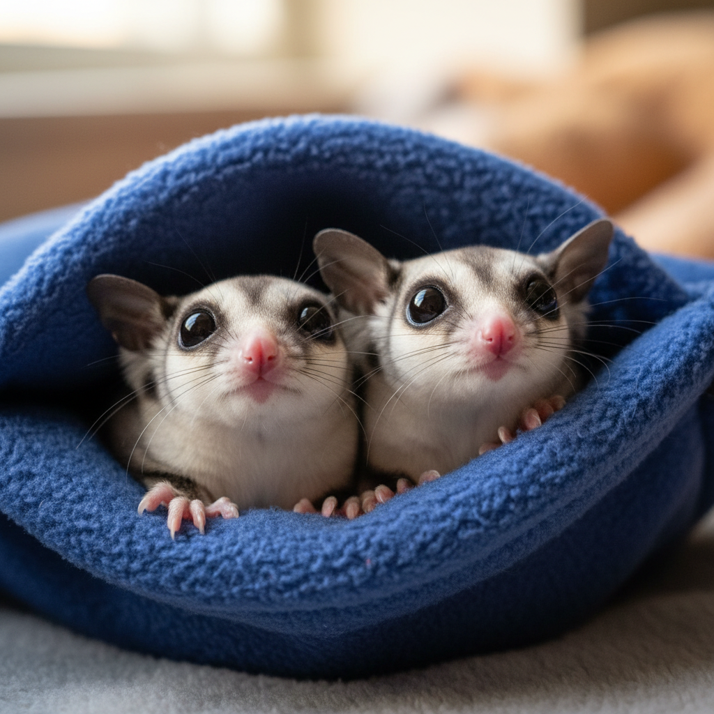 Two sugar gliders nestled together in a soft fleece bonding pouch, their large black eyes looking up curiously