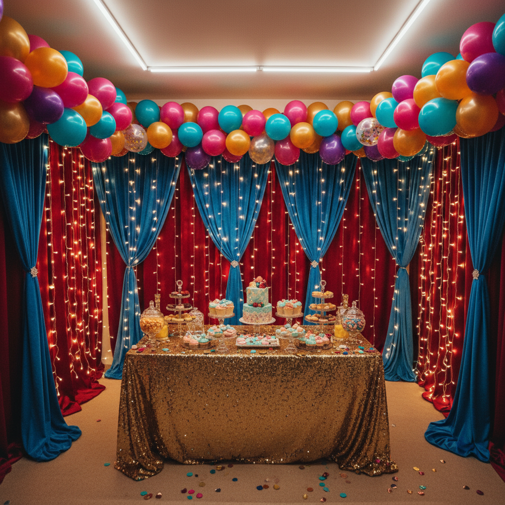 Apartment transformed with velvet draping, fairy lights, balloon garland, and styled dessert table