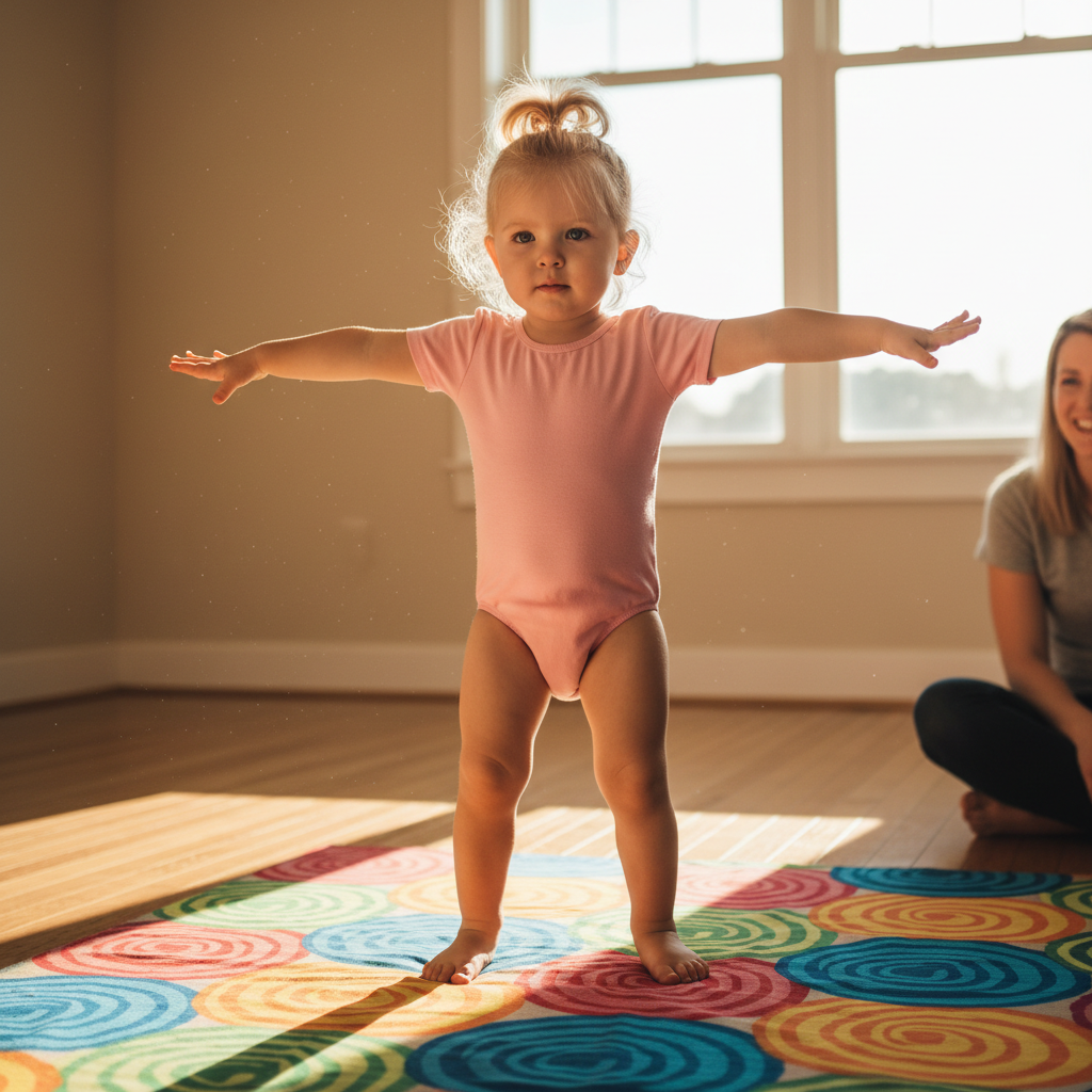 Young toddler girl in pink leotard practicing first gymnastics moves on a colorful mat