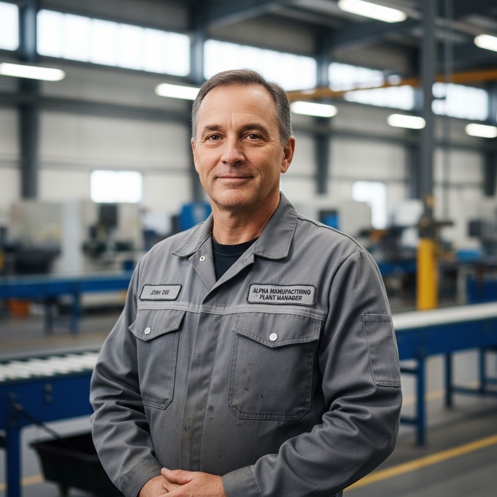 Portrait of Ray Okafor, plant manager at Cascade Stamping in Detroit, standing in industrial environment
