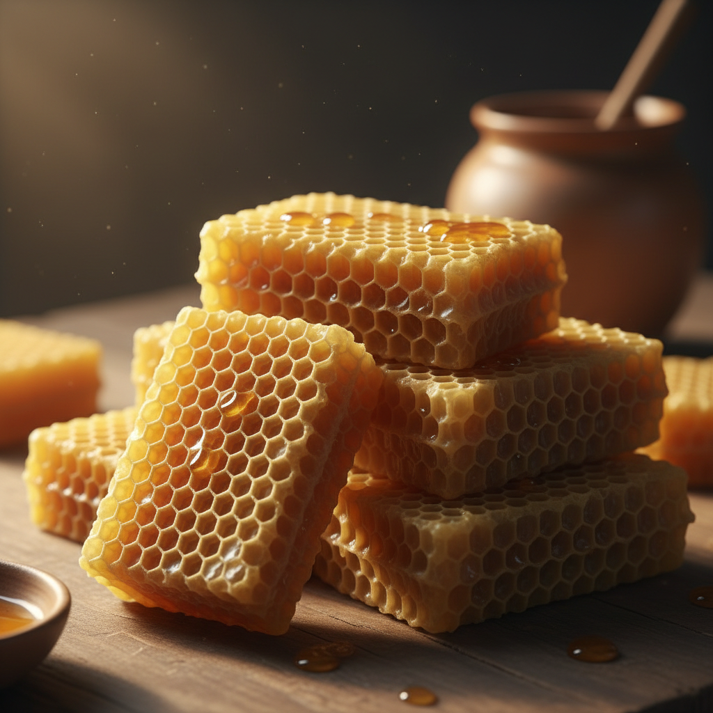 Natural golden beeswax blocks and honeycomb, apiary products
