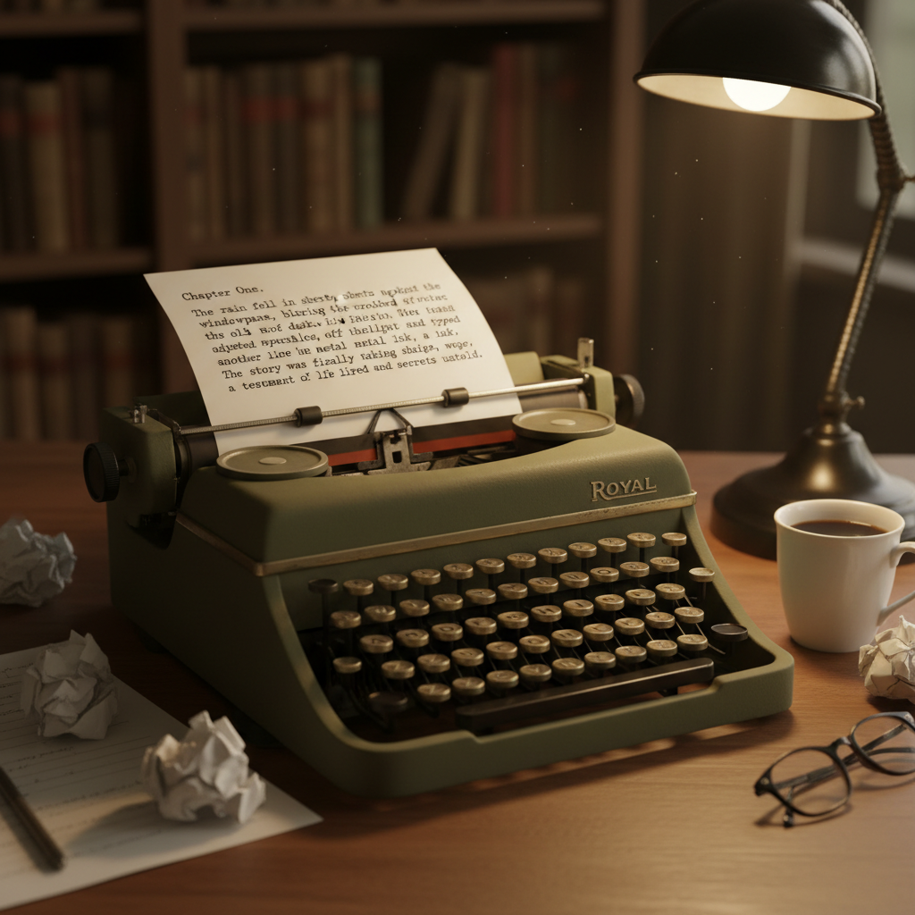 Vintage typewriter with a story draft partially typed on white paper