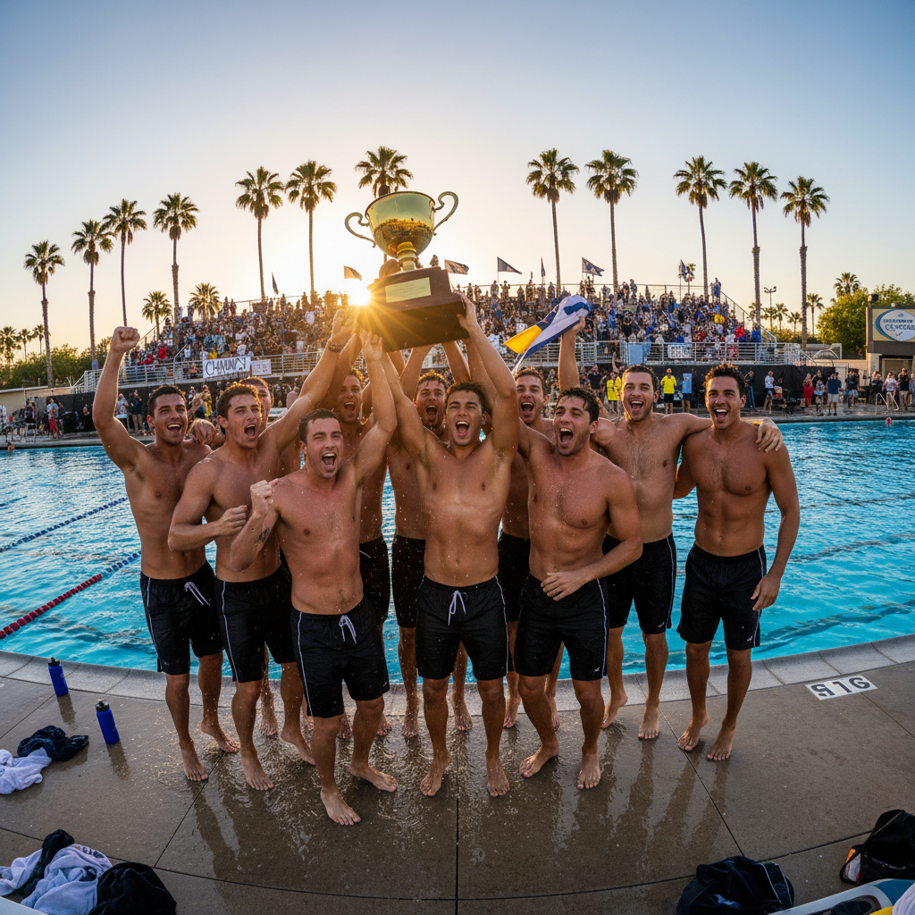 Water polo team celebrating championship win, players raising trophy poolside