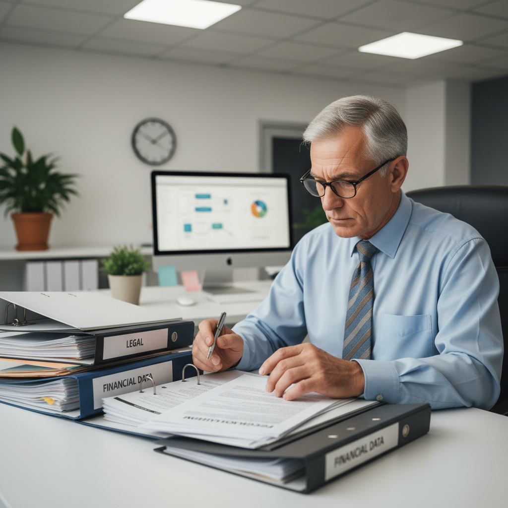Financial compliance documents on bright white desk with natural daylight, clean professional workspace