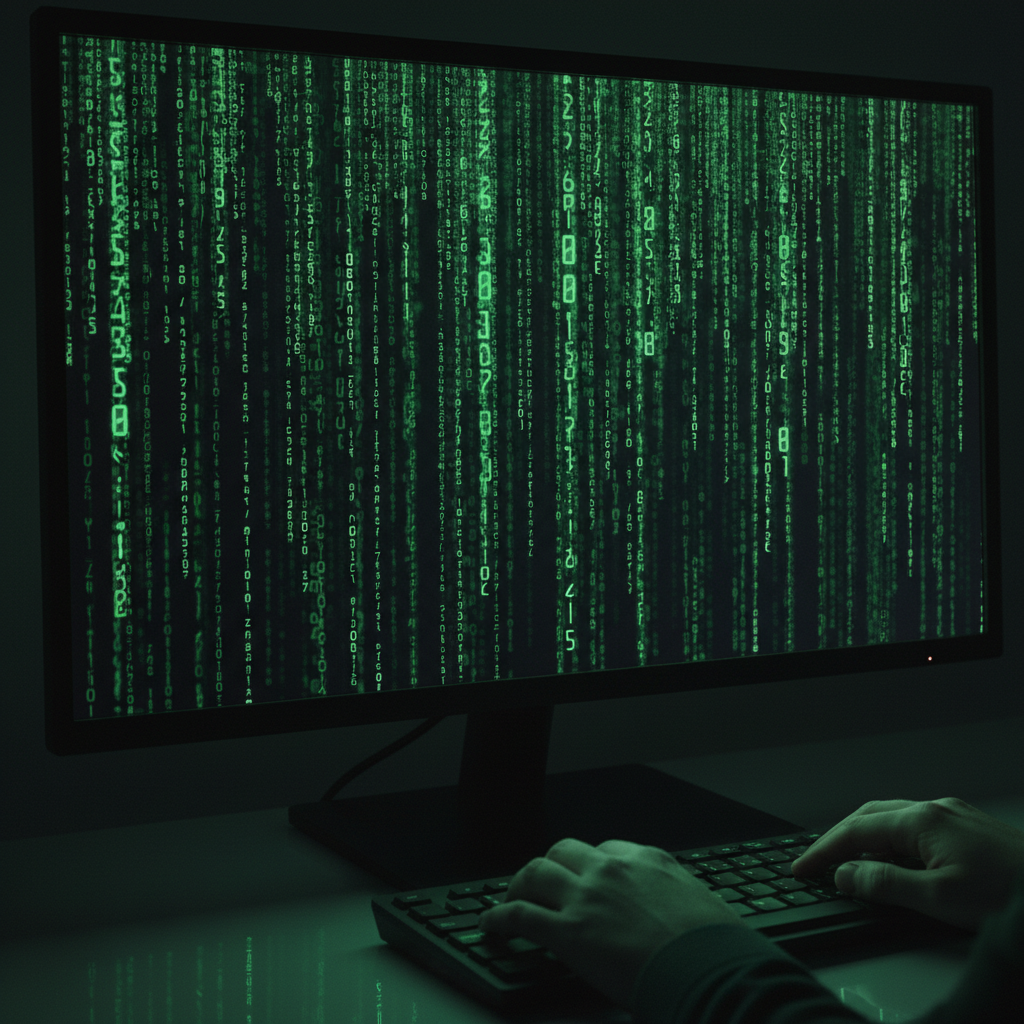 Data stream visualization with green matrix-style flow on dark screen