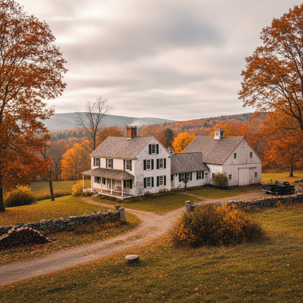 Beautiful New England colonial home in Pittsfield Massachusetts on a clear autumn day with colorful foliage, warm lighting, well-kept lawn