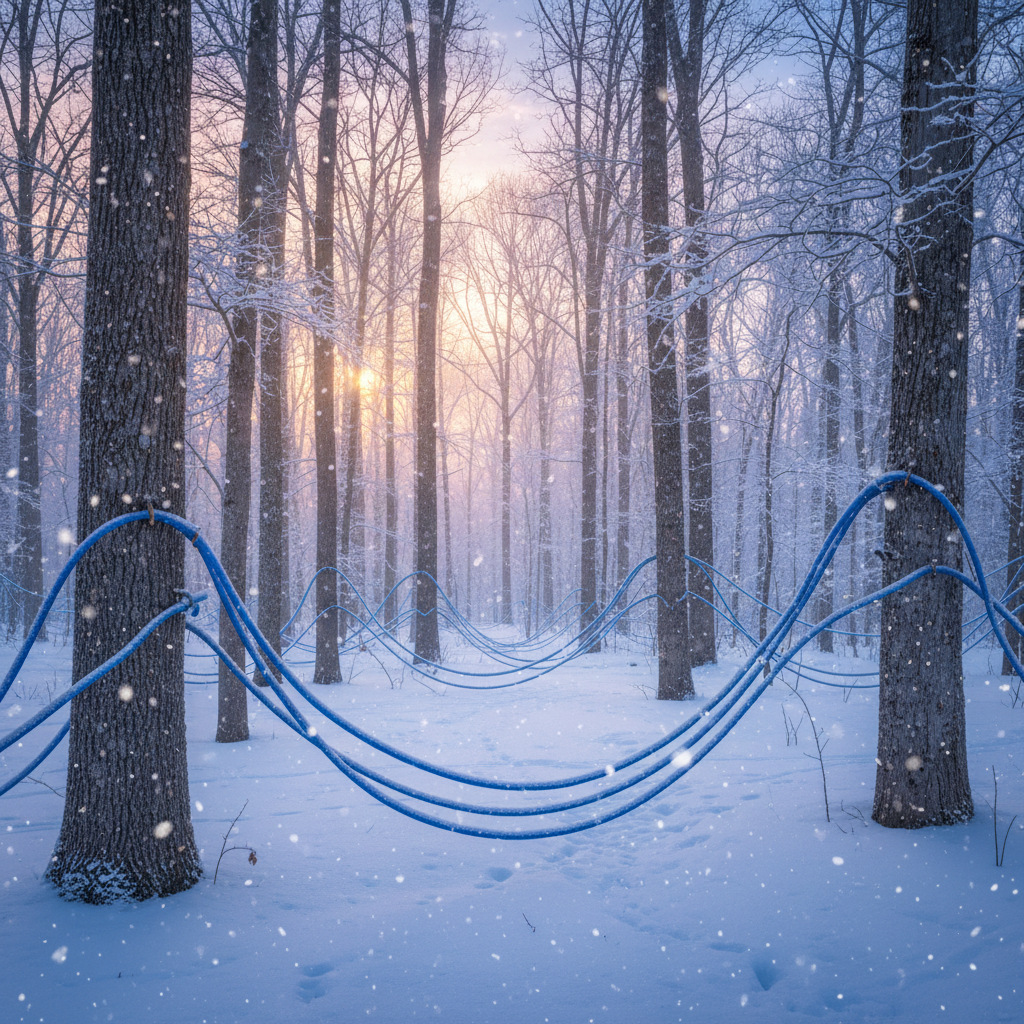 Blue plastic tubing running between maple trees through a snowy forest at dawn