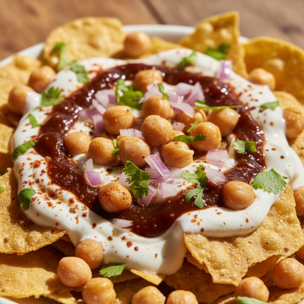 Banaras chaat with papdi, chickpeas, tamarind chutney and sev, bright vibrant food colors, natural daylight