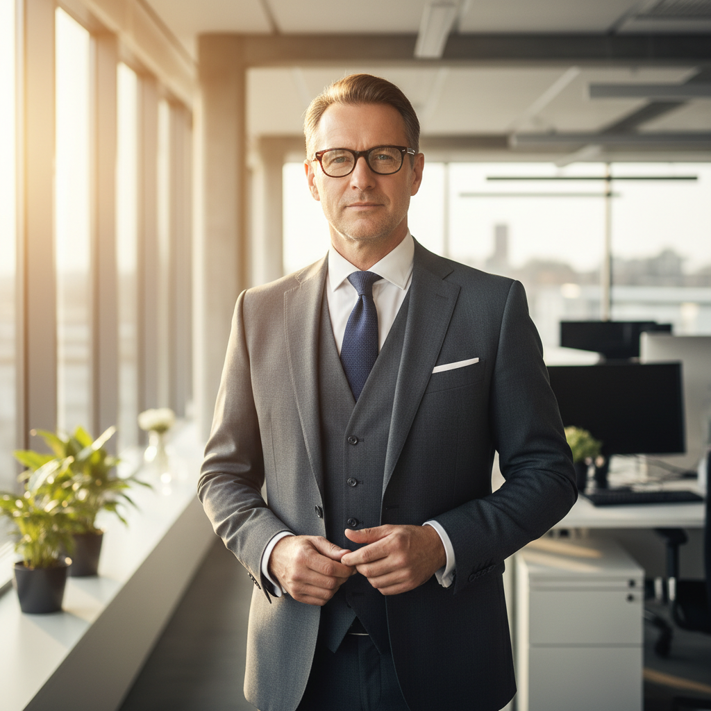 Professional man in glasses smiling confidently in a bright office environment