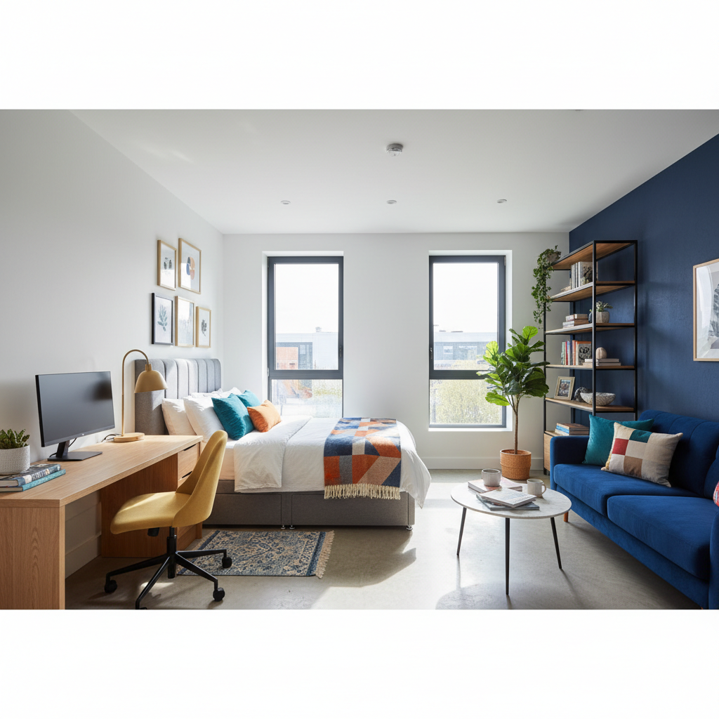 Spacious premium 1BHK student apartment with living area, large windows, modern furniture, and blue accent lighting creating a luxury feel