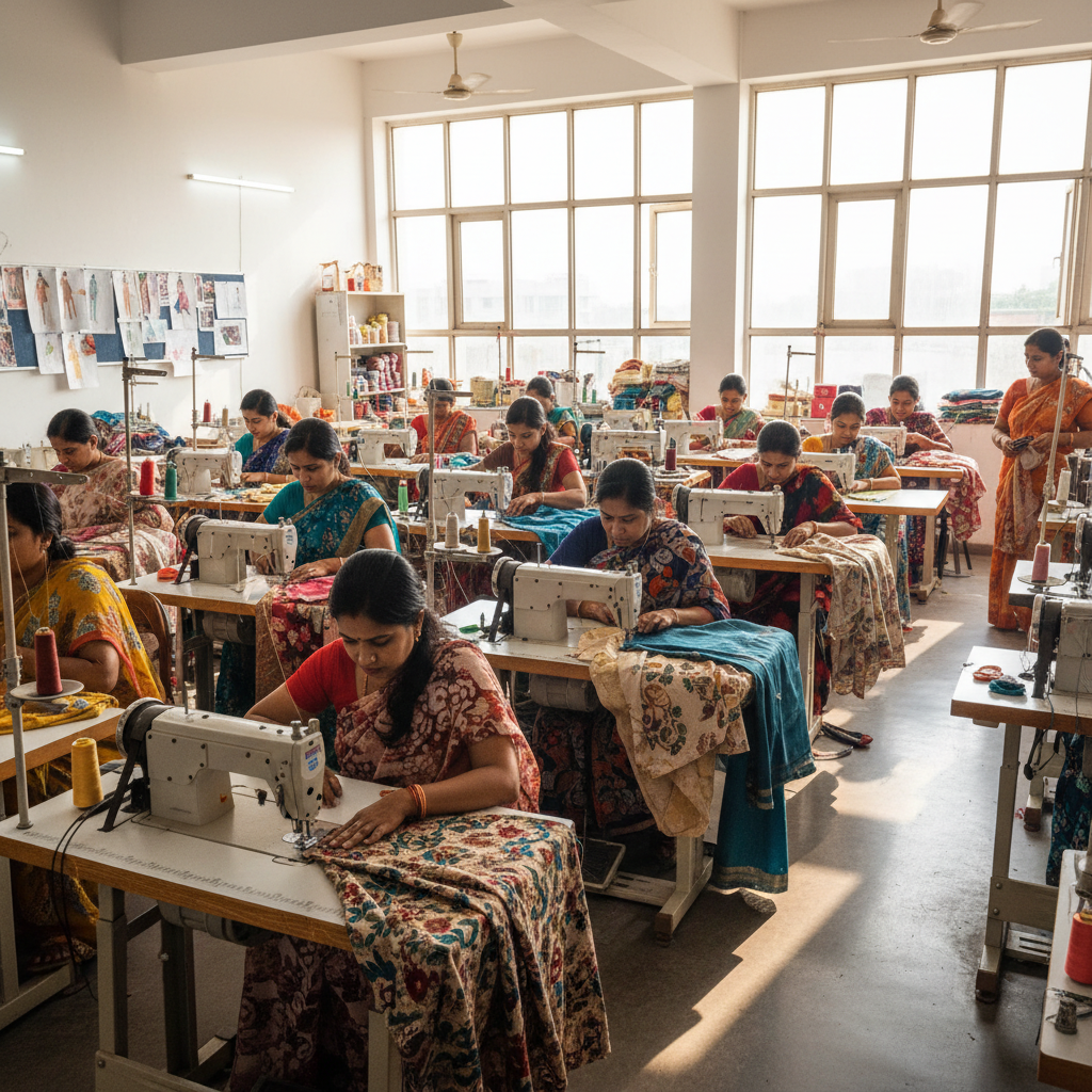 Indian women learning tailoring and stitching skills at sewing machines in a community training centre, women empowerment program in UP