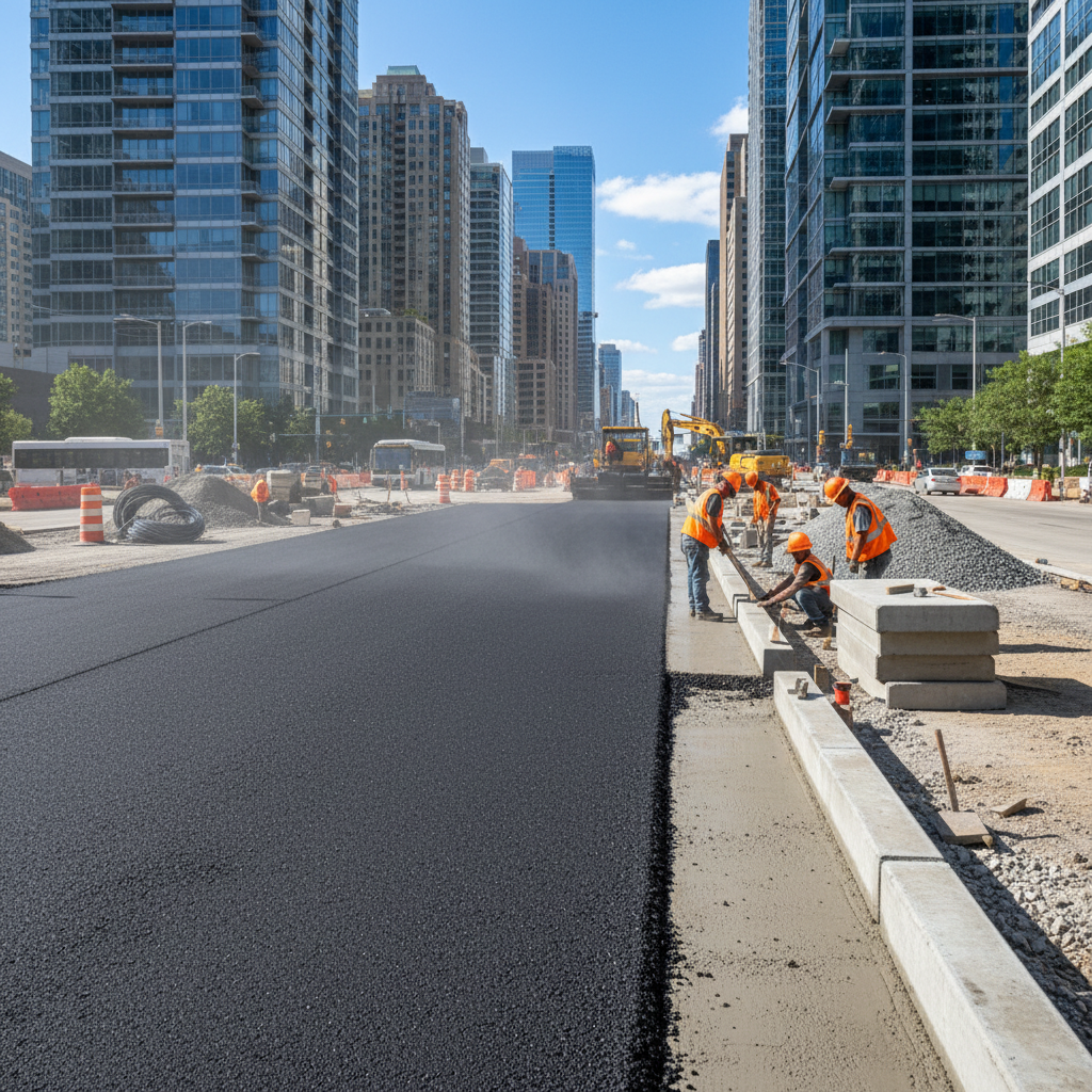 Urban roadway reconstruction project showing new pavement, curb and gutter installation