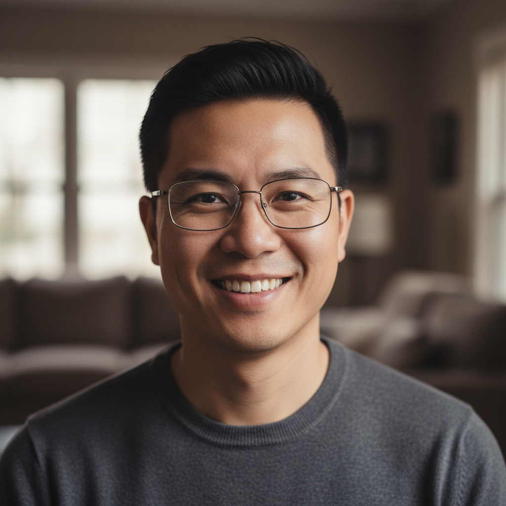 Headshot of young East Asian man with glasses, modern minimalist background