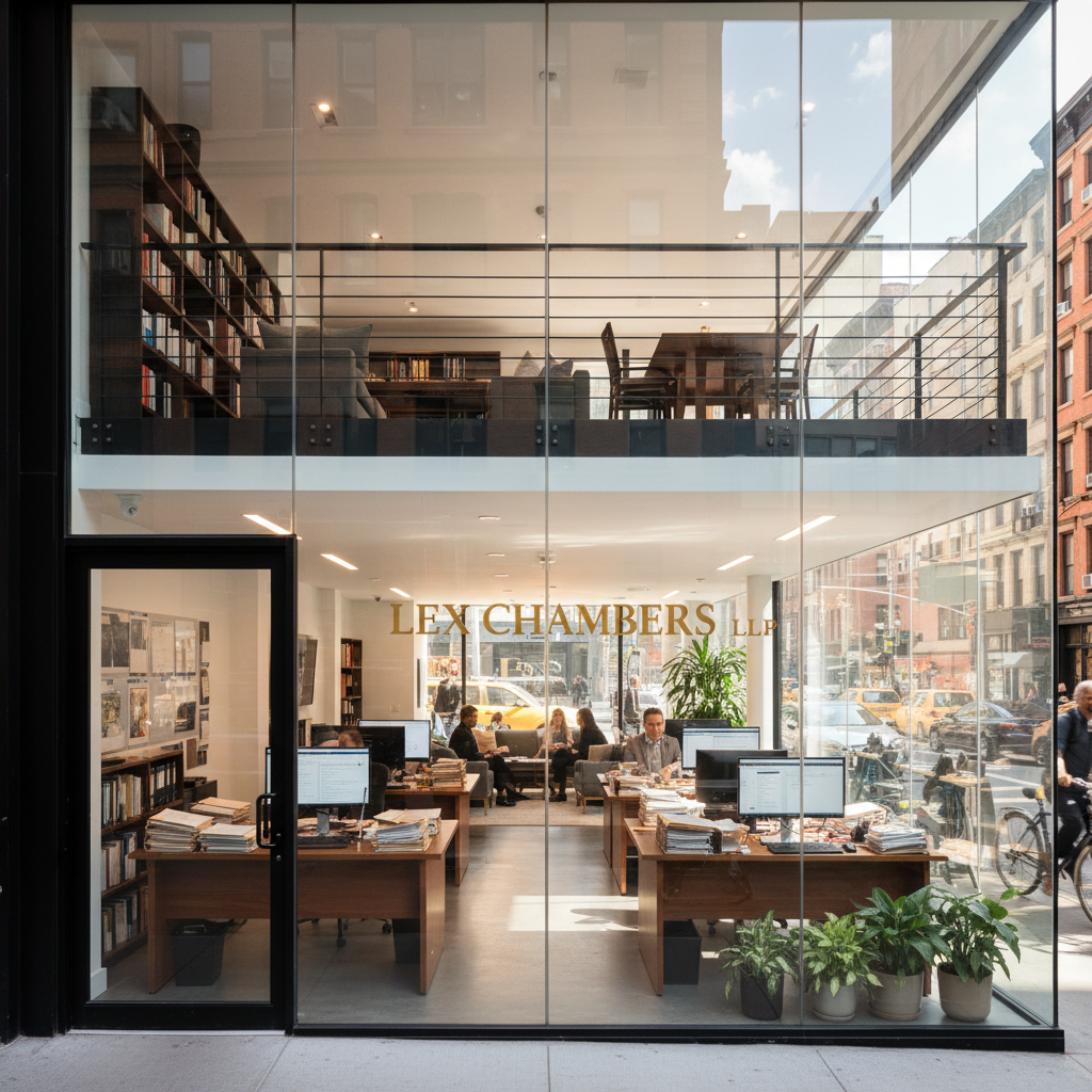 Ground-floor legal office with street visibility through glass facade, residential living quarters on upper mezzanine level