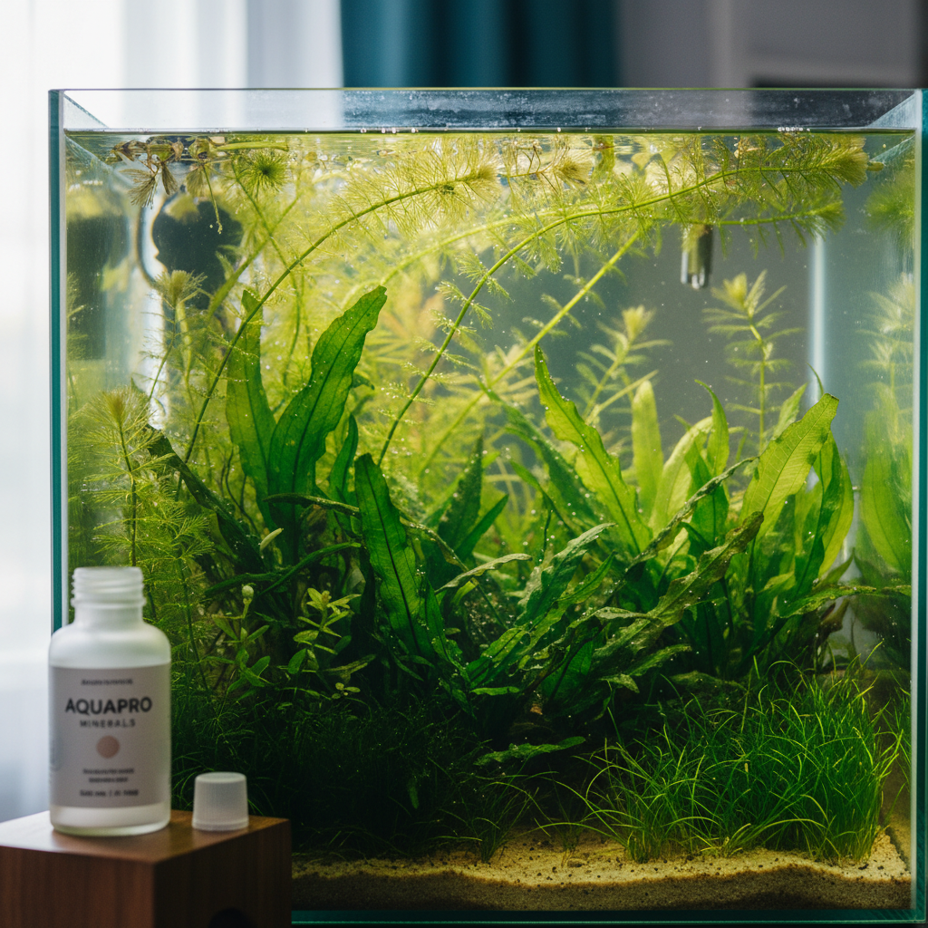 Aquatic plants in a planted aquarium with crystal clear RO water and mineral supplement bottle beside tank