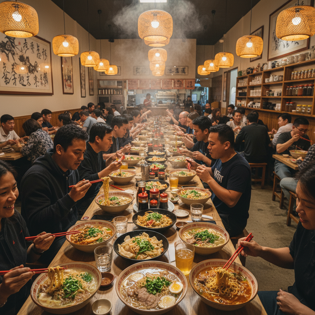 Packed noodle restaurant dining room with customers at every table