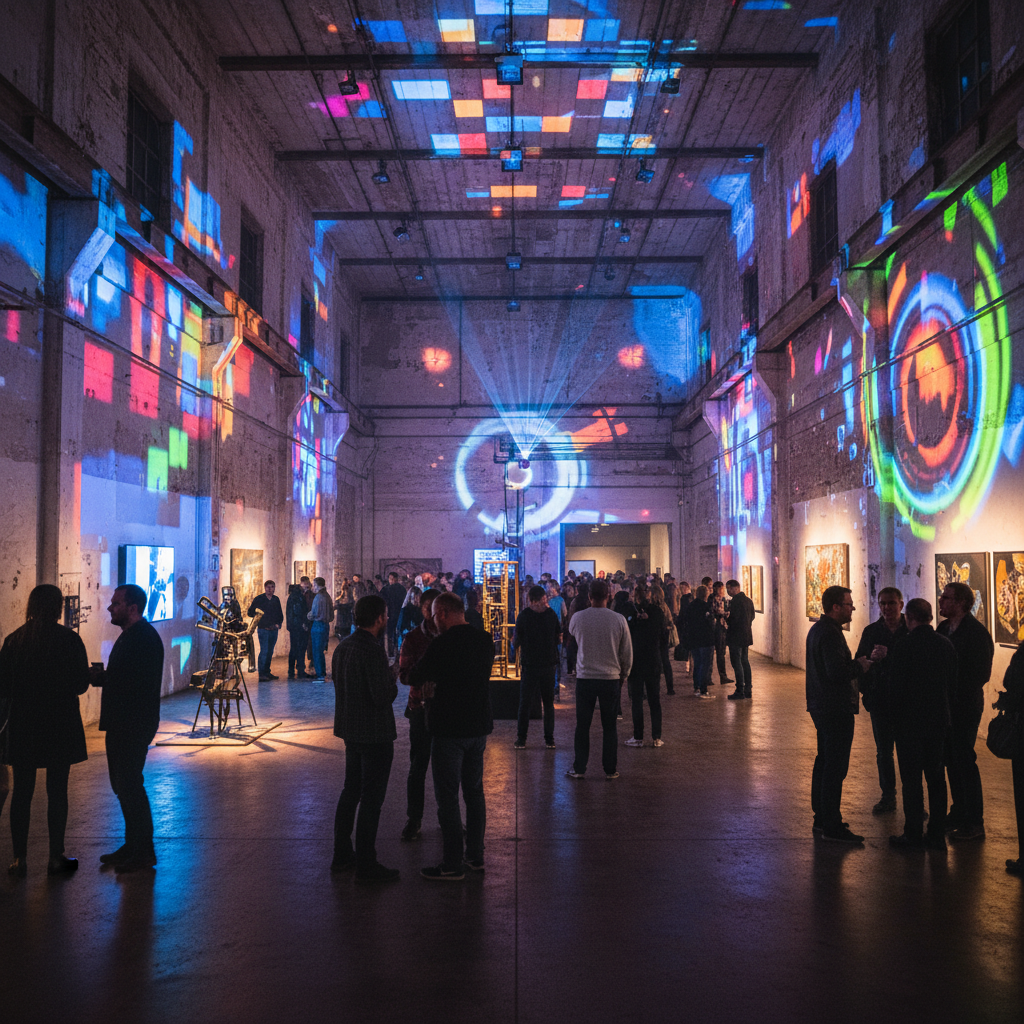 Warehouse art exhibition with projection light and crowd