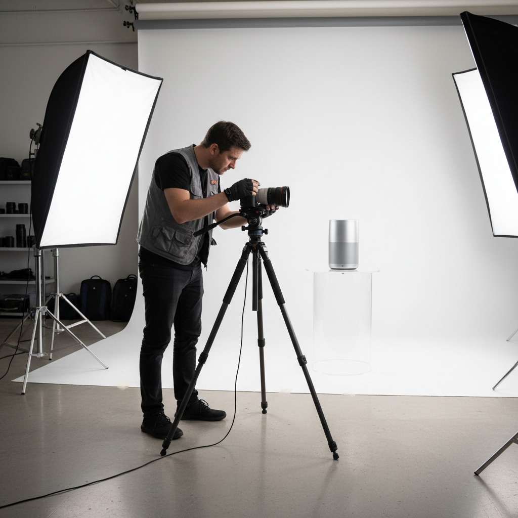 Professional photographer adjusting camera on a tripod in a dark moody studio with directional rim lighting