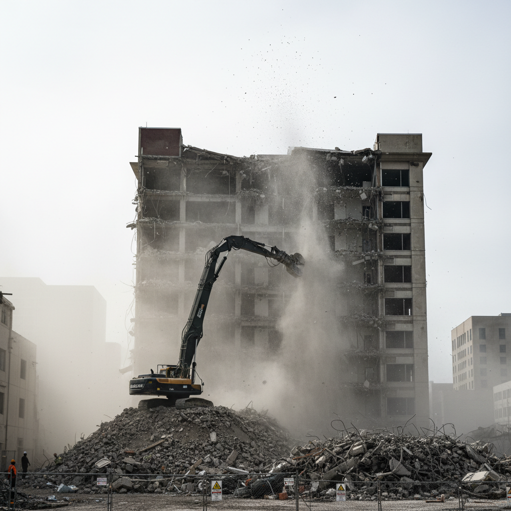 Commercial building mid-demolition with excavator long-reach arm silhouetted against pale overcast sky, dust settling like fog
