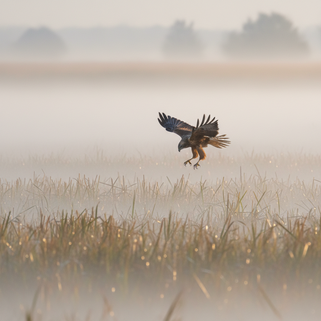 Marsh harrier dropping through morning mist over reed bed, talons extended