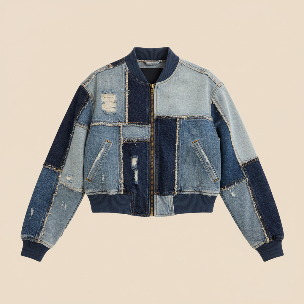 Cropped bomber jacket in reclaimed denim with visible stitching, floating against warm cream background