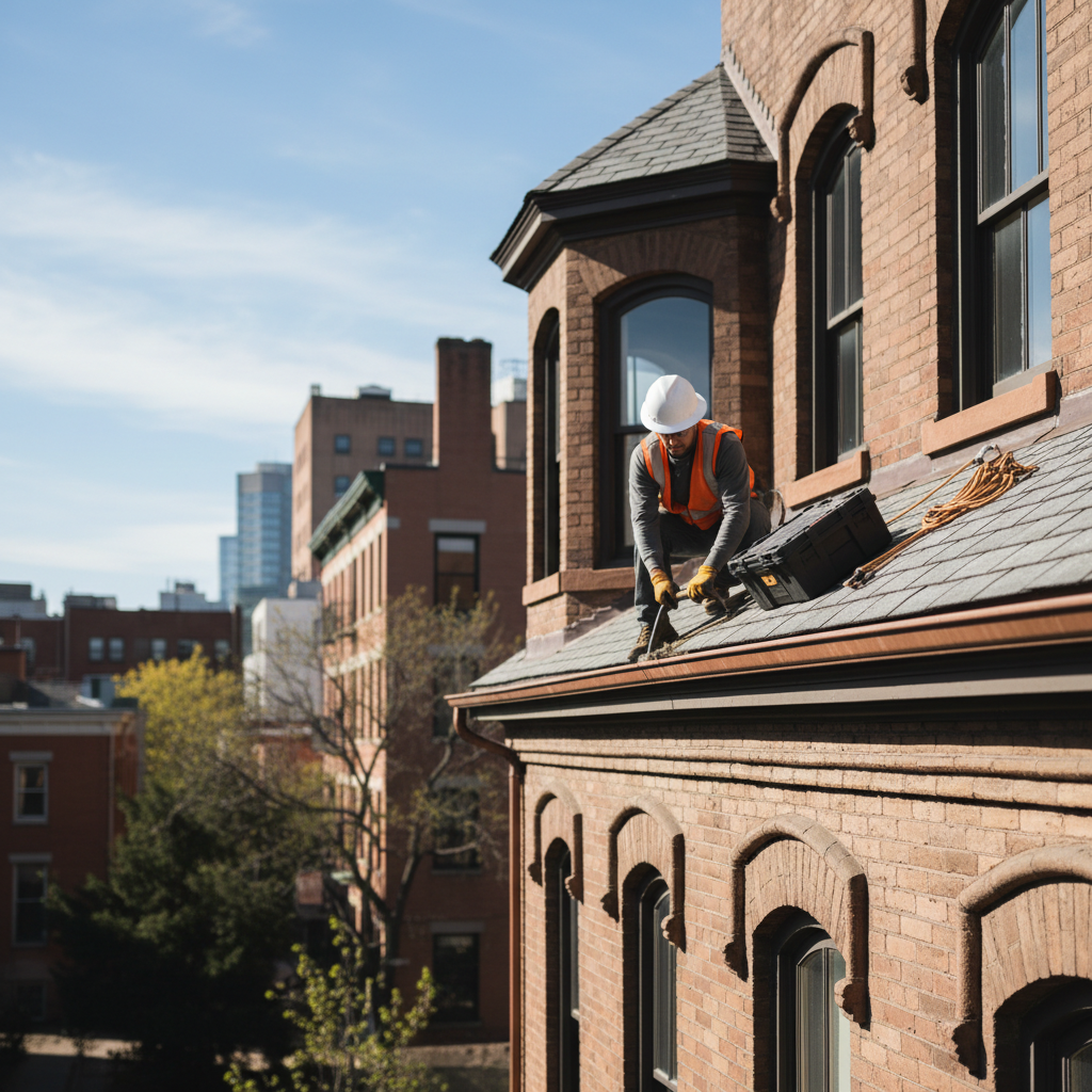 Gutter technician in orange safety vest and hardhat working on a brownstone roofline in New York City