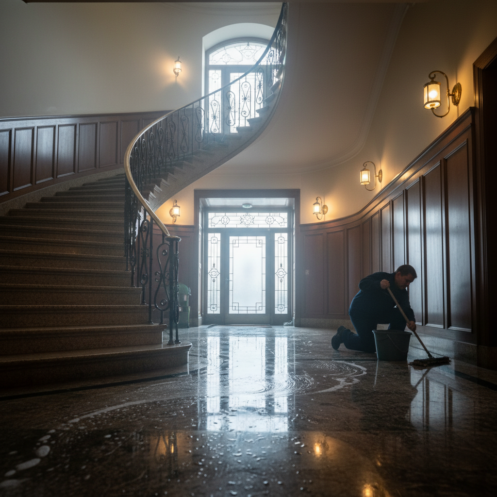 Treppenhaus Reinigung, gepflegtes Eingangsbereich, glänzende Böden, dim atmospheric lighting