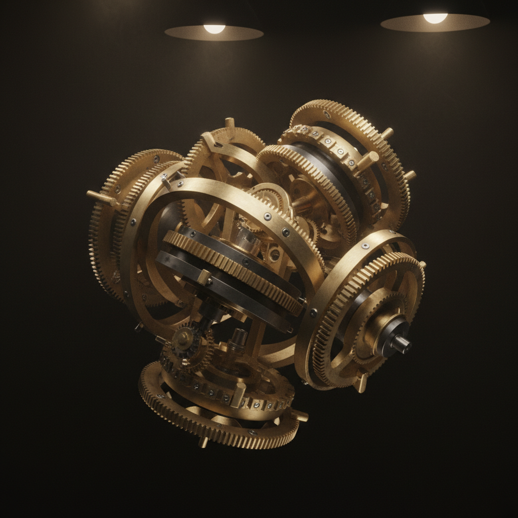 Industrial mechanical prototype parts on dark surface, metallic sheen, moody low-key lighting