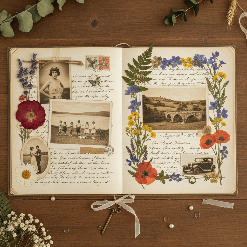 Scrapbook spread with vintage photographs, pressed flowers, and handwritten journaling on cream paper
