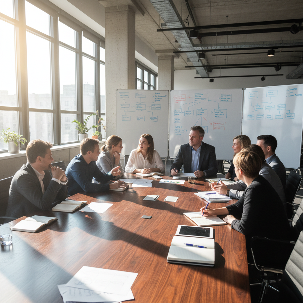 Corporate leadership team in open-plan office with warm tones, standing around a large table reviewing organizational growth charts