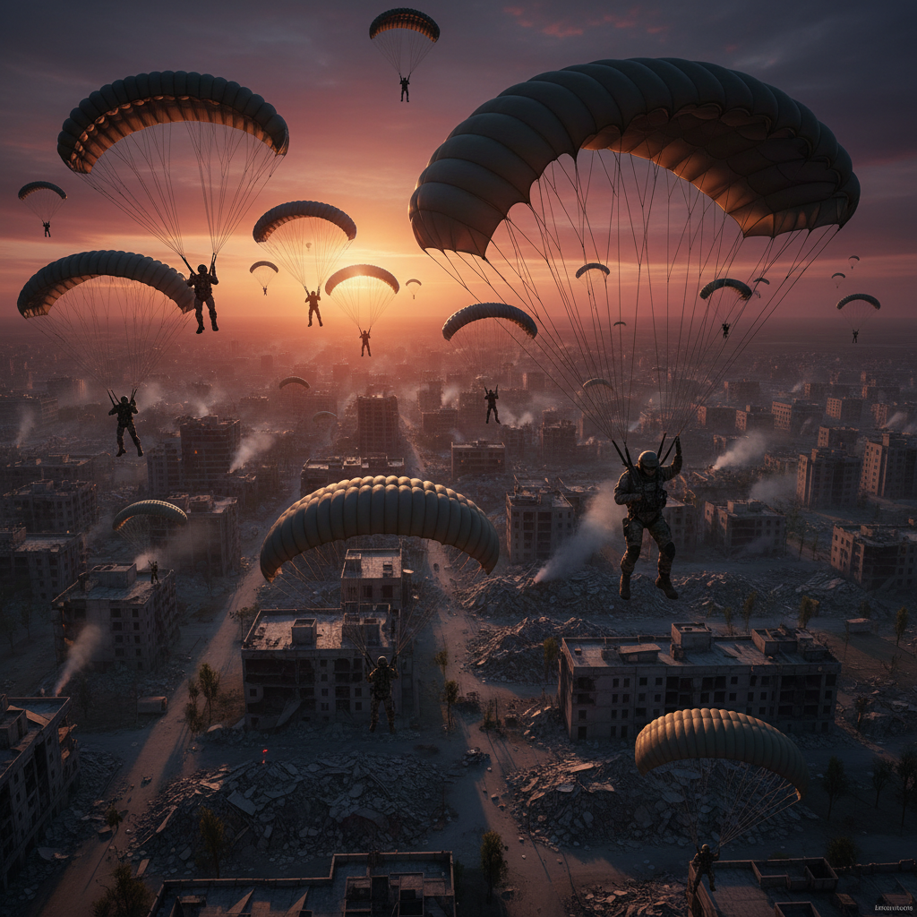 Dark atmospheric battle royale scene with soldiers silhouetted against burning city ruins, heavy smoke and dramatic orange glow, cinematic night warfare