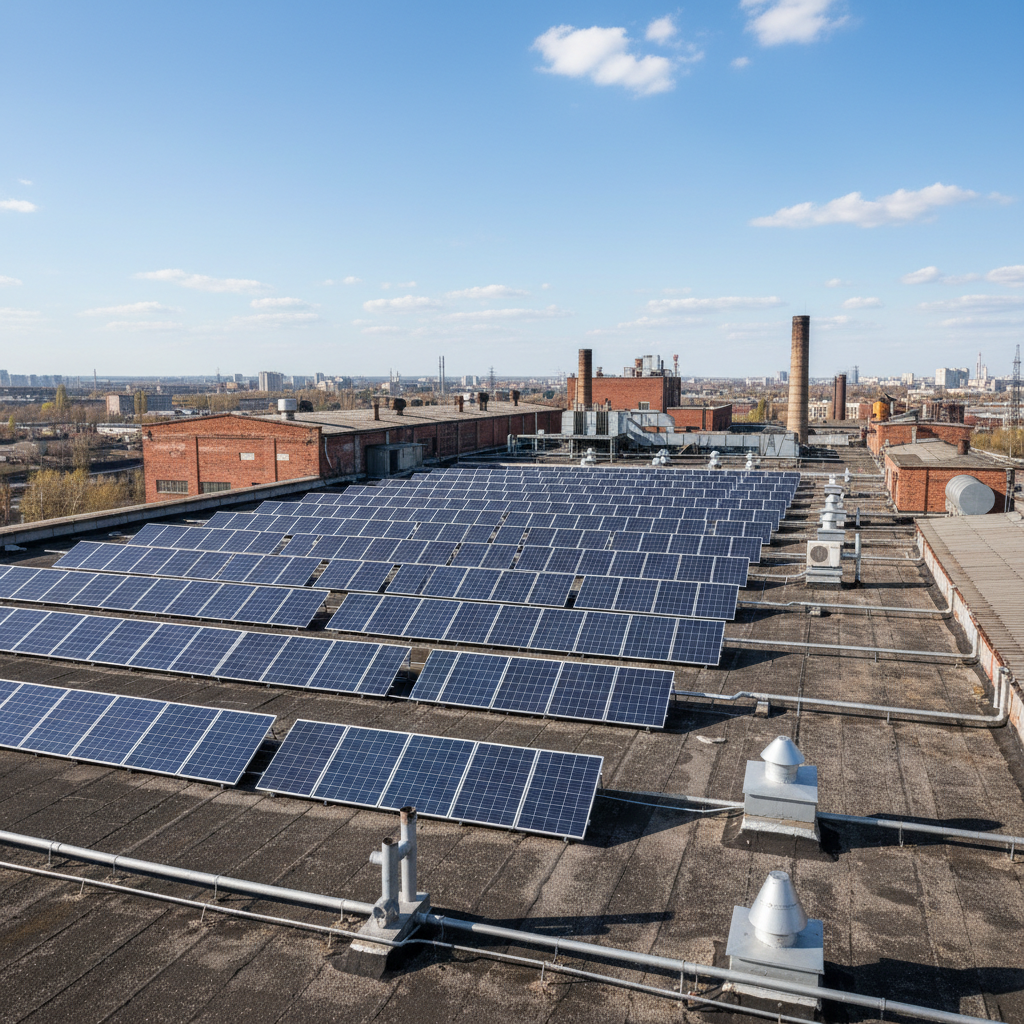 Large solar panel array installed on commercial factory rooftop with green surroundings